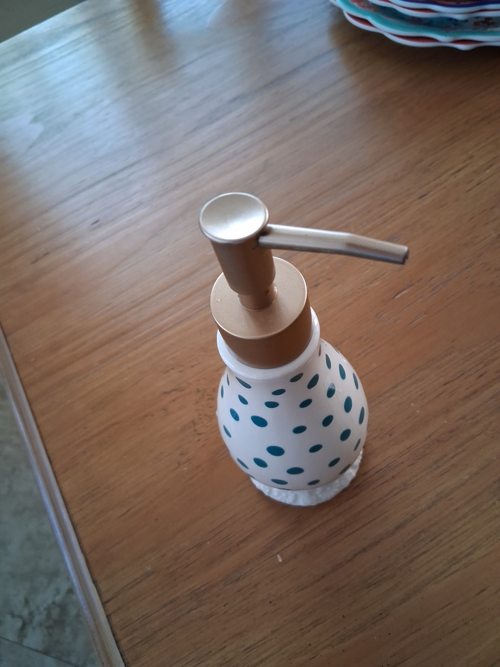 Pioneer Woman White Ceramic Soap Dispenser w Teal Dots and Gold Pump